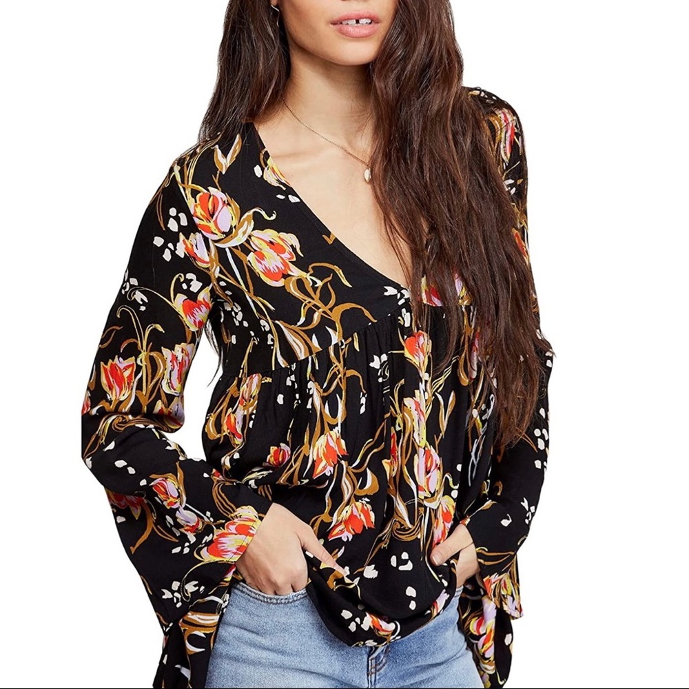 Free People Bella Floral Print Tunic Black Onyx L - Picture 2 of 10